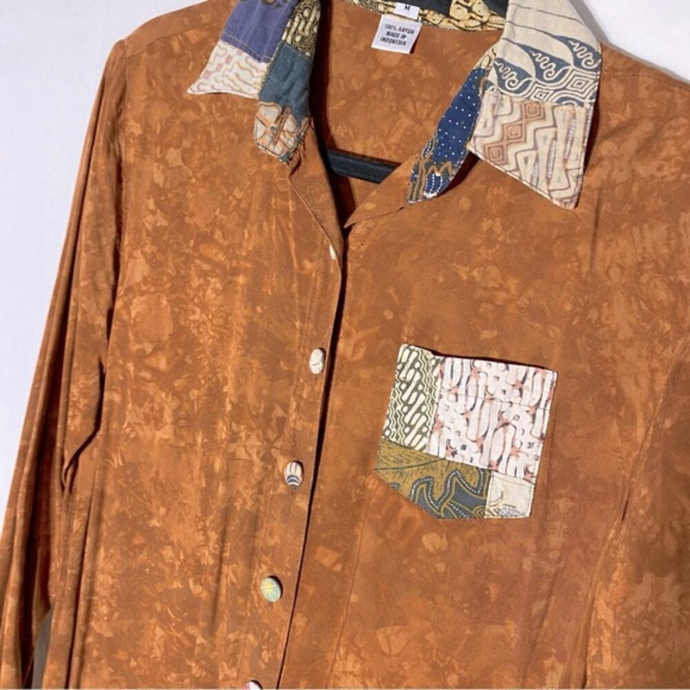 Vintage Nativewear Designs Burnt Orange Stone Wash Long Sleeve Button Up Top M - Picture 5 of 13